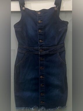 Wax Jean Basic Denim Dark Blue Button Front Overall Dress Sz Small